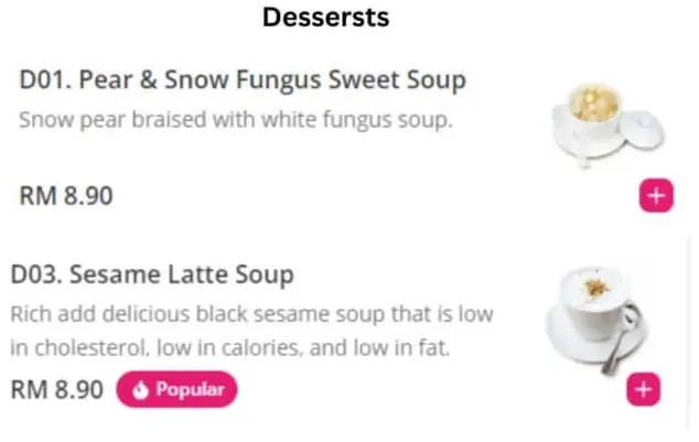 Dessert menu prices