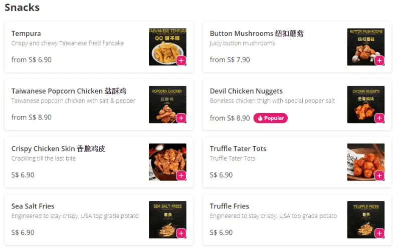 Devil Chicken Singapore  Snacks Menu Price