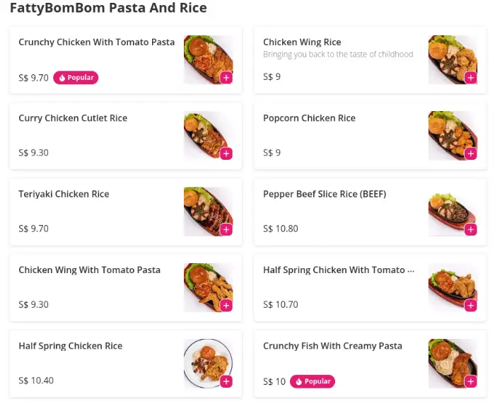 Fatty Bom Bom Singapore Pasta & Rice Series Menu Price