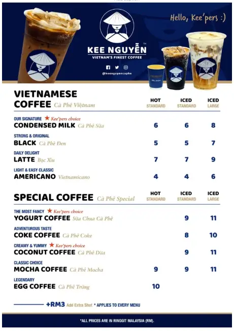 MENU KEE NGUYEN SPECIAL COFFEES PRICES