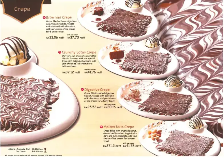 MOLTEN CHOCOLATE CAFE CREPE MENU WITH PRICES