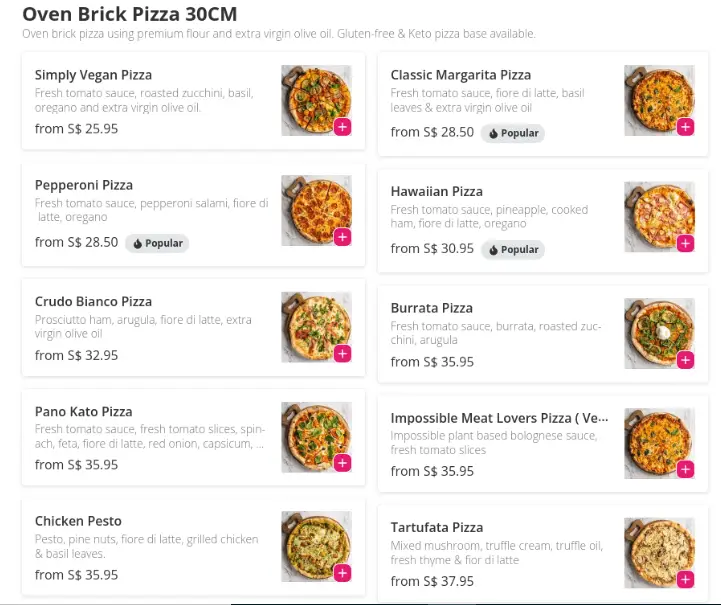 Pano Kato Oven Brick Pizza 30CM Singapore Menu Price