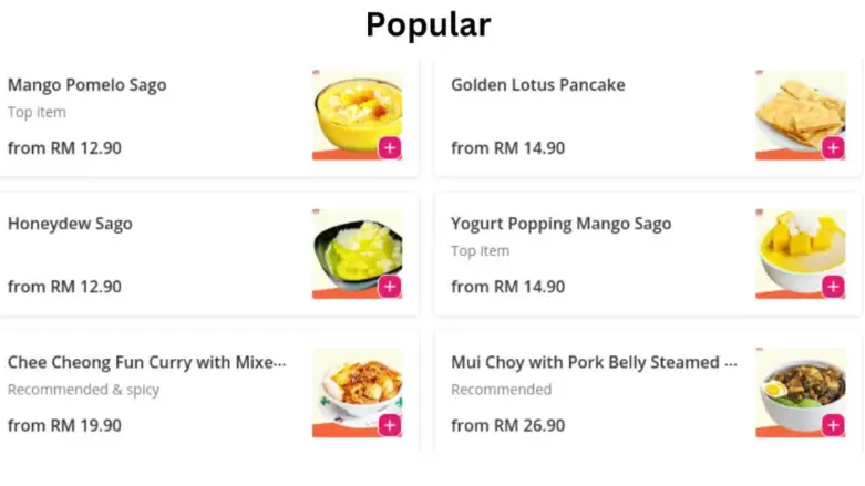 Popular Dishes menu price