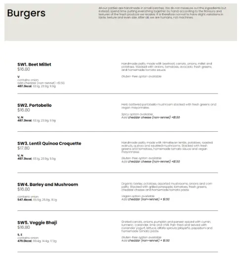 Real Food Menu – Burgers Price
