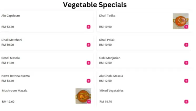 Restoran Kapitan Malaysia Vegetables Specials PRICES