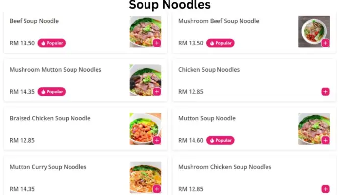 Soup Noodle menu prices