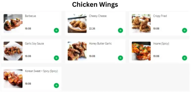 Table9 Menu  Chicken Wings prices