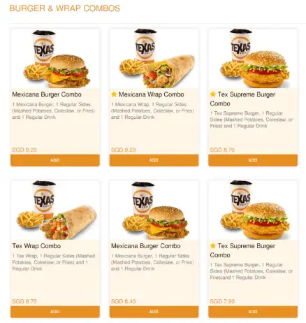 Texas Chicken Burger & Wraps Combos Menu Price
