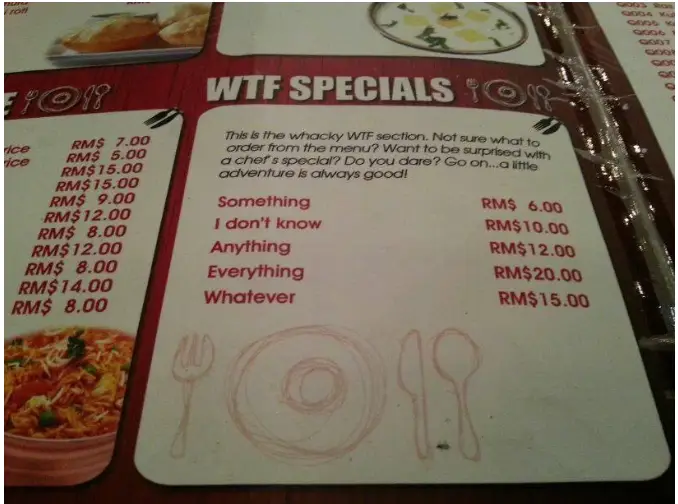 WTF Restaurant Menu Malaysia MENU PRICES