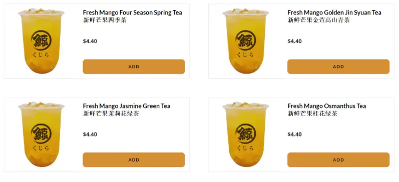 Whale Tea Singapore  Menu Fresh Mango Tea Series Price